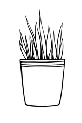 Flower pot with decorative grass, plant. Hand drawn simple black outline vector illustration in cartoon doodle style, isolated. Design element, clip art for decoration, coloring page