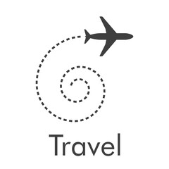Logotipo con texto Travel y silueta de avión con trayectoria con forma de espiral en color gris