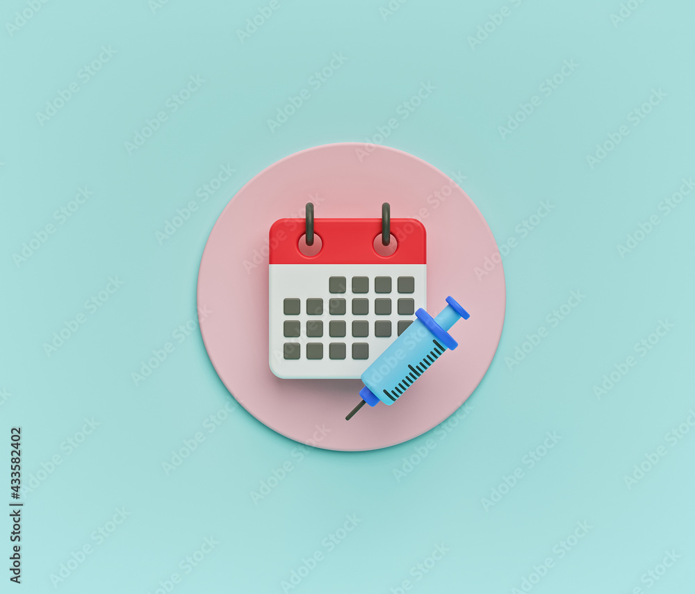 Poster calendar and syringe. vaccination date icon. minimal design. 3d rendering