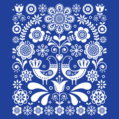 Scandinavian cute folk art vector decoration with birds and flowers, Scandinavian floral pattern in white on navy blue
