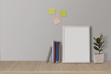 Frame or Poster mock up in living room and with postit with white walls. Modern and floral concept