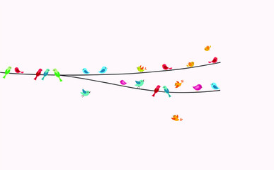 Vector illustration of colorful birds on a String Wires