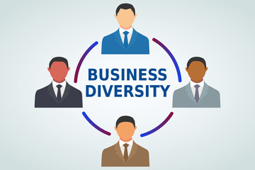Business diversity illustration vector isolated on white background. Text, lines, cartoon business people in different suit dress. Teamwork concept.