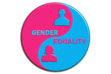 Gender equality concept illustration flat banner. Pink and blue male and female icons into a ying yang. Equal opportunities, equity concept.