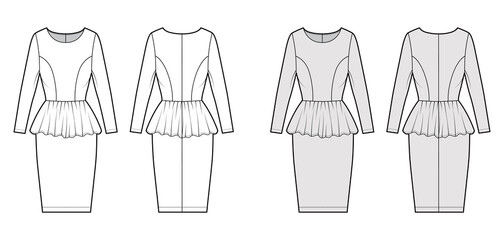 Dress peplum technical fashion illustration with long sleeves, fitted body, knee length sheath skirt, round neck. Flat apparel front, back, white, grey color style. Women, unisex CAD mockup