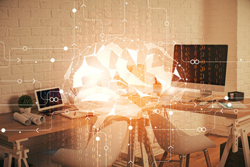 Double exposure of brain drawing and office interior background. Concept of data technology.