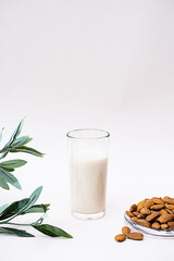 Almond milk with almond on the light background with copy space. Dairy free and lactose free nut milk, healthy eating, vegan and diet concept.
