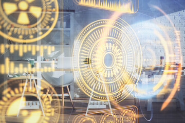 Double exposure of tech theme drawings and office interior background. Technology concept.