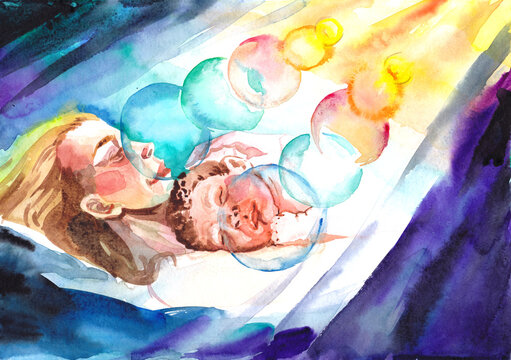 An esoteric illustration of the sacred moment of the birth of a child and the connection with the cosmic energies. Watercolour. Print. Book. Postcard. Wallpaper. The poster. Calendar.