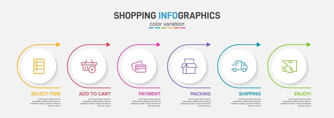 Concept of shopping process with 6 successive steps. Six colorful graphic elements. Timeline design for brochure, presentation, web site. Infographic design layout.