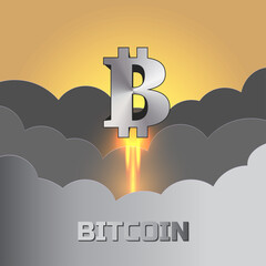 3D Bitcoin cryptocurrency metal sign taking off with bright orange fiery jet stream in gray clouds