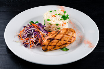 Steak chicken grill and cabbage lettuce coleslaw in a plate of us fat. Diet nutrition