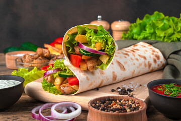 Shawarma with chicken, French fries and vegetables close-up on a brown background.
