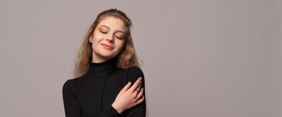 girl feeling in love, smiling and hugging self, staying single, being selfish and egocentric. Human...