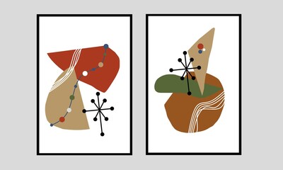 Set two of abstract Geometric mid century modern wall art.  Modern Minimalist wall decor. Geometry shapes wall Decorations. Can use for Wallpaper, poster, background and social media.