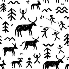 Cave paintings vector seamless pattern, black and white repetitive background inspired by prehistoric art with cavemen hunting animals
