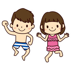 ジャンプする水着の子ども（男の子・女の子）