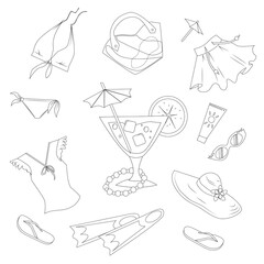 A set of icons of summer things for a beach holiday