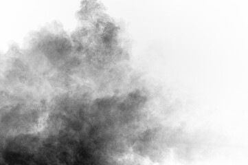 Black particles explosion isolated on white background.  Abstract dust overlay texture.