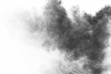 Black particles explosion isolated on white background.  Abstract dust overlay texture.