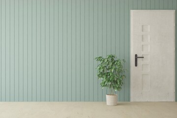 White empty room with door and green home plant. Scandinavian interior design. 3D illustration