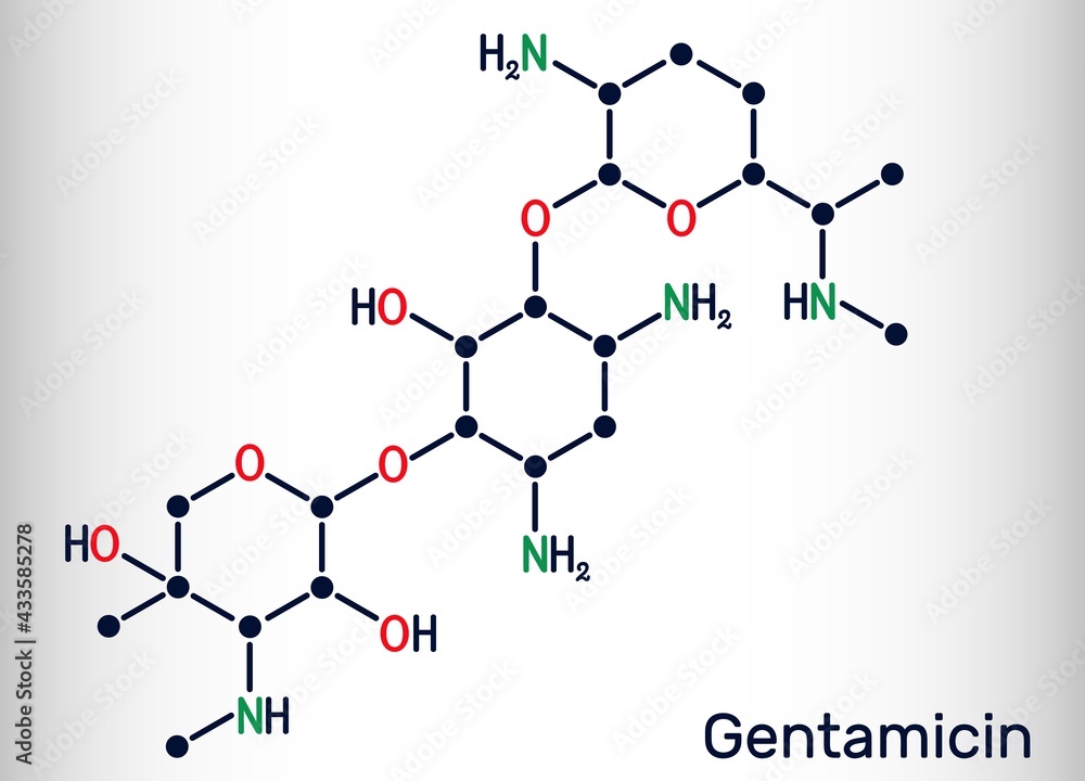 Poster gentamicin molecule. it is broad-spectrum aminoglycoside antibiotic. skeletal chemical formula. vect