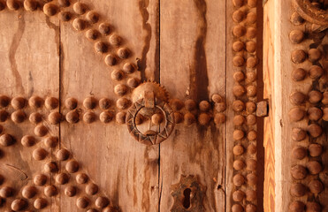 closeup of an old wooden door in Telouet, Morocco