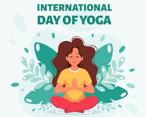Obraz na płótnie Canvas Woman meditating in lotus pose. International day of yoga. Vector illustration