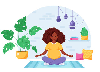 Pregnant black woman meditating in lotus pose in cozy interior. Pregnancy health concept. Vector illustration