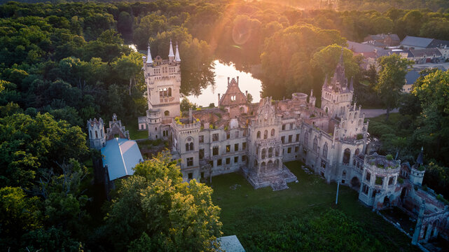 Drone aerial view of Schaffgotsch's Palace ruins in Kopice, Poland