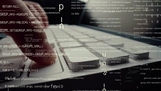Creative visual of computer programming coding and software development shown by man working on computer keyboard with overlay of computer graphic displaying abstract program codes and computer script
