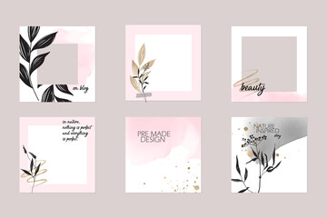 minimal abstract Instagram social media story post feed background layout. banner template in pink nude pastel watercolor vector texture mockup with floral elements. for beauty, care, wedding, makeup