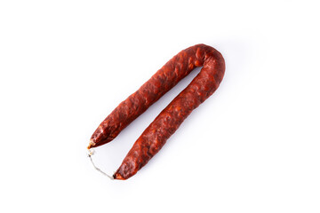 Spanish chorizo sausage isolated on white background. Top view