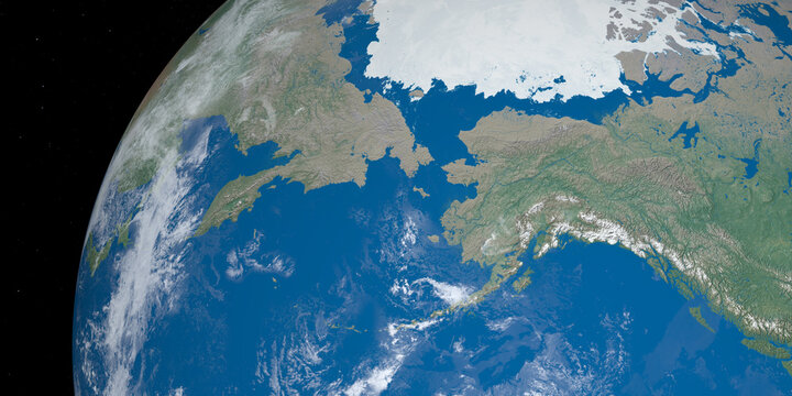 Bering Strait, between america and asia, on the planet earth from outer space