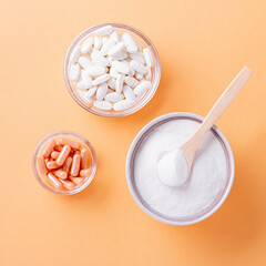 Different types of collagen for skin care flat lay on bright background