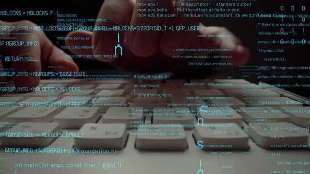 Creative visual of computer programming coding and software development shown by man working on computer keyboard with overlay of computer graphic displaying abstract program codes and computer script