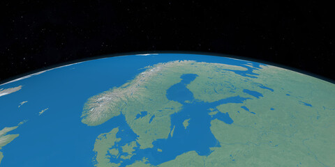 Scandinavian Peninsula in planet earth, aerial view from outer space