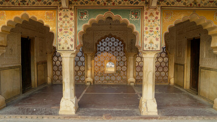 Details of the majestic Amber Fort near Jaipur, Rajasthan, India