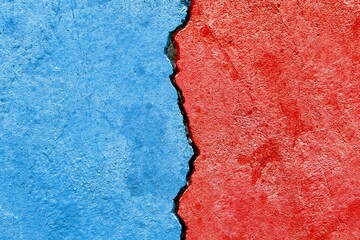 Abstract Bipartisan politics election conflicts concept, blue vs red colors on cracked wall background, e.g., US, UK or EU political parties disagreement competition relationship - obrazy, fototapety, plakaty