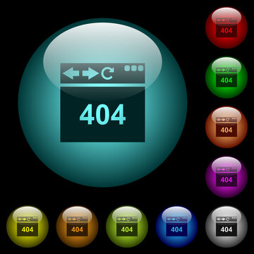 Browser 404 page not found icons in color illuminated glass buttons