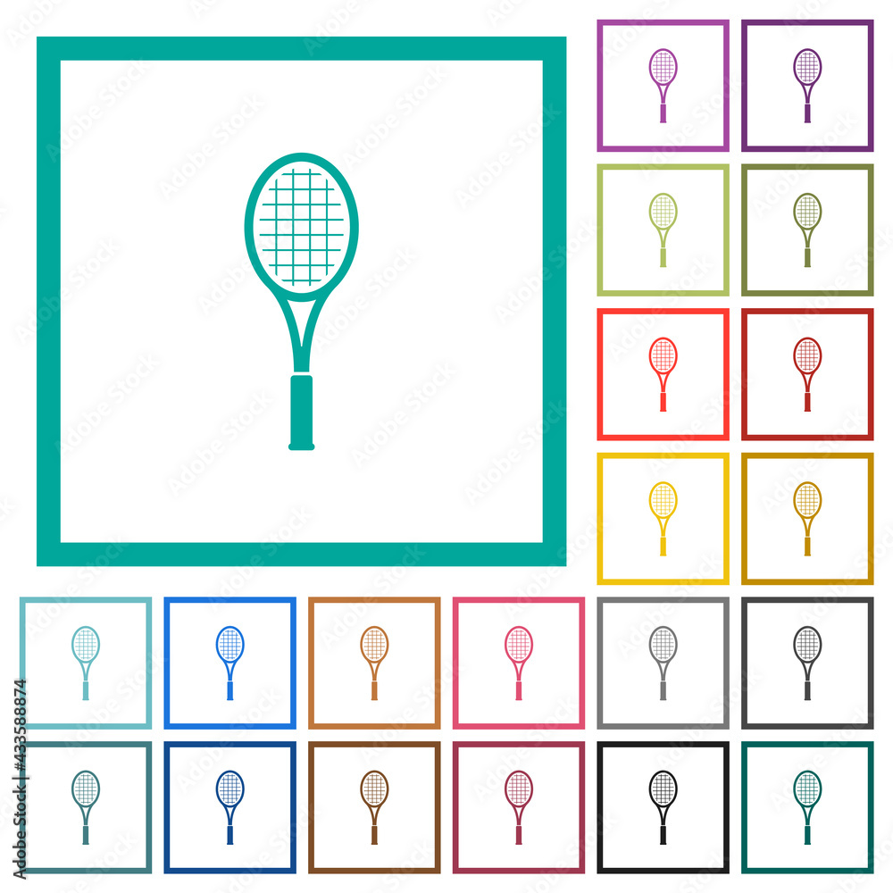 Poster single tennis racket flat color icons with quadrant frames