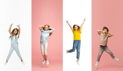 Art collage made of portraits of little and happy kids isolated on multicolored studio background....