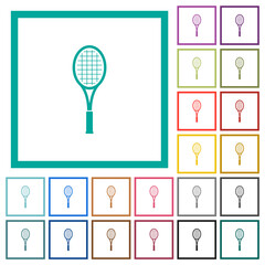 Single tennis racket flat color icons with quadrant frames