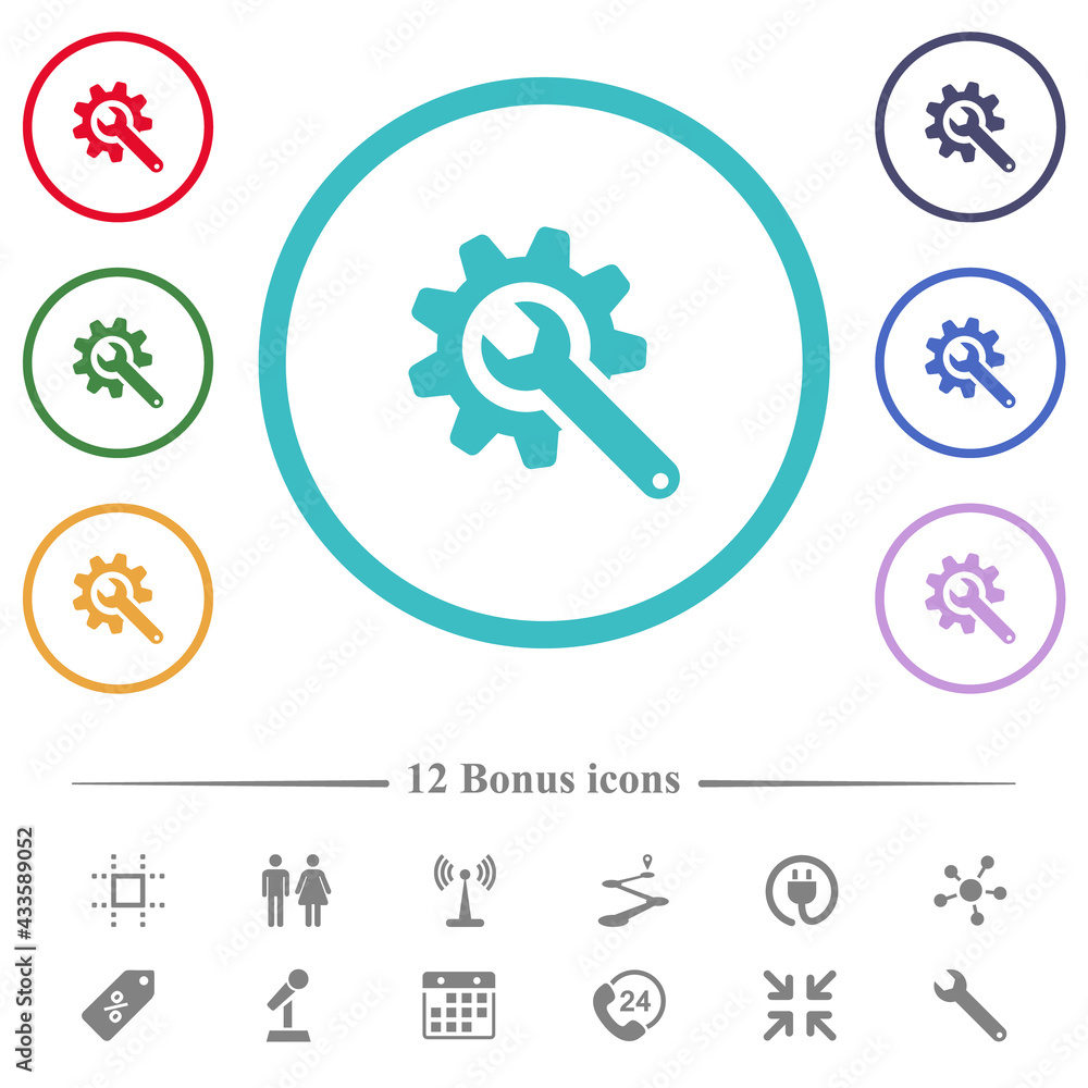 Poster wrench with cogwheel flat color icons in circle shape outlines