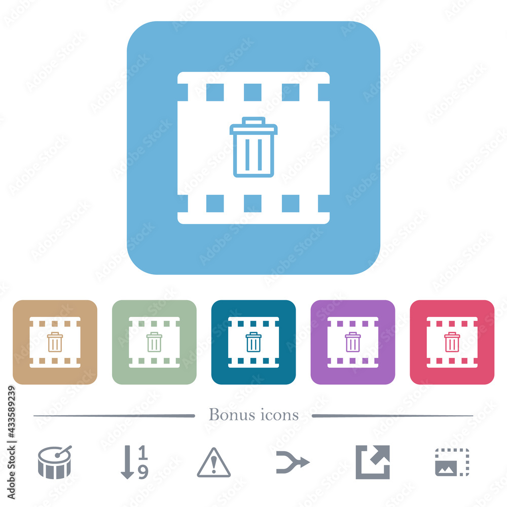 Poster delete movie flat icons on color rounded square backgrounds