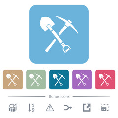 shovel and pickaxe flat icons on color rounded square backgrounds