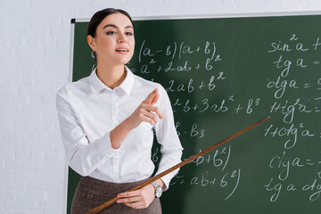 Young teacher with pointer pointing away near chalkboard