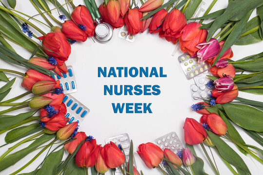 Flowers, phonendoscope and tablets - a banner with inscription Happy Nurse's Week on white.