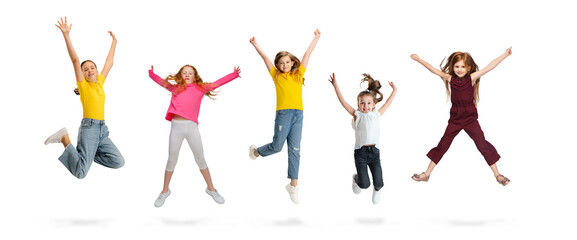 Art collage made of portraits of little and happy kids isolated on white studio background. Human emotions, facial expression concept