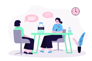 Woman at doctor appointment. Girl discusses vaccination with nurse. Tube with vaccine against coronavirus. Patient at reception. Interior of medical office. Disease prevention. Vector illustration 